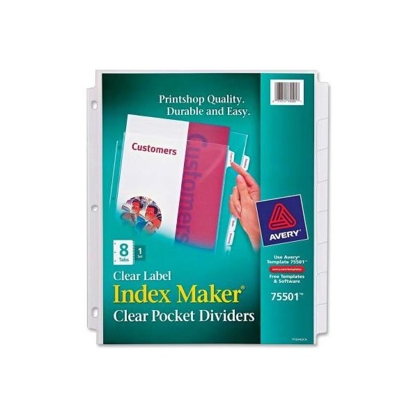 Avery Dennison Avery Index Maker Clear Pocket View Divider, Print-on, 8.5"x11", 8 Tabs, White/White 75501 - main